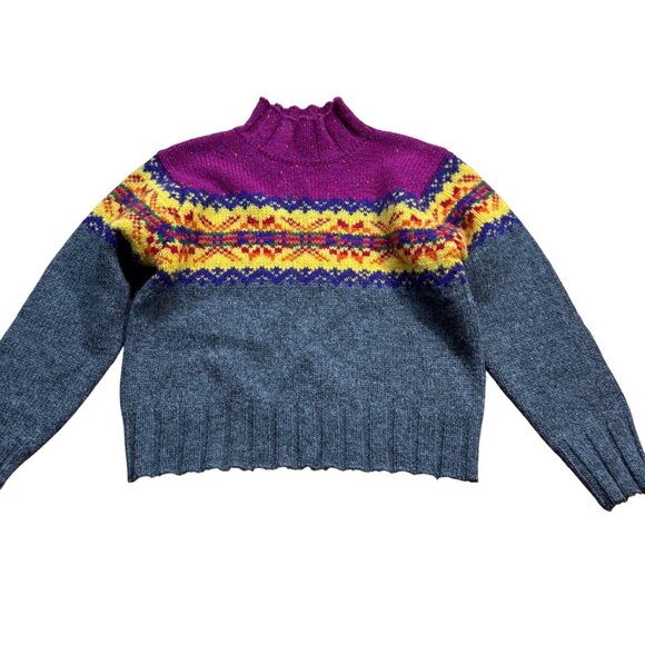 Express Vintage Size M Pink Yellow & Gray Fair Isle Wool Knit Mock Neck Sweater - Picture 1 of 12